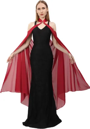 KUOIN Women's Chiffon Sheer Cape Gothic Tulle Cloak Halloween Wedding Bridal Collared Shawls Full-Length 130CM