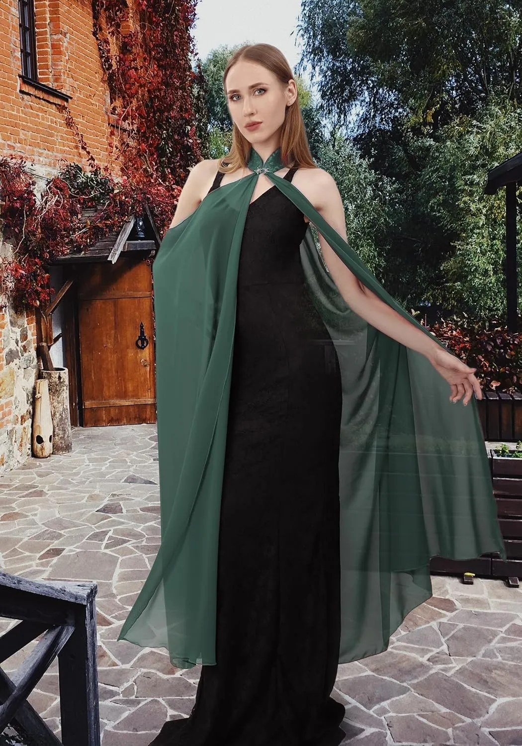 KUOIN Women's Chiffon Sheer Cape Gothic Tulle Cloak Halloween Wedding Bridal Collared Shawls Full-Length 130CM