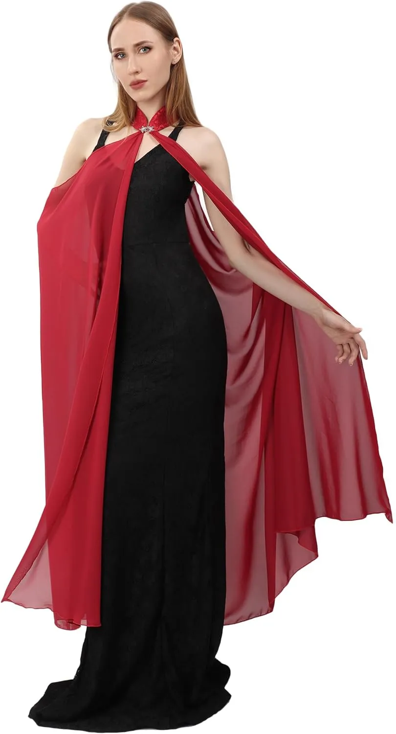 KUOIN Women's Chiffon Sheer Cape Gothic Tulle Cloak Halloween Wedding Bridal Collared Shawls Full-Length 130CM