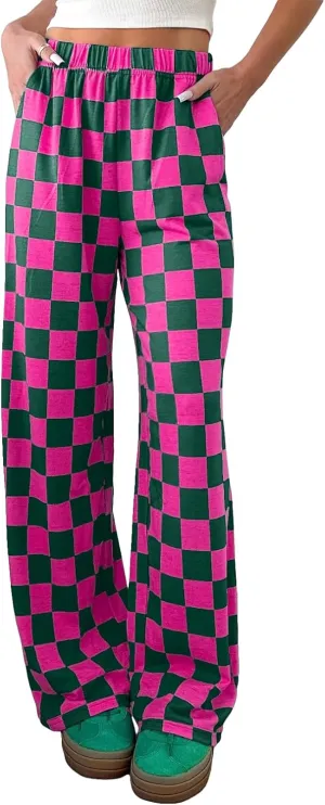 Lesore Womens Casual 2-Tone Checkered Print Pants Elastic High Waist Wide Leg Pants Lounge with Pockets