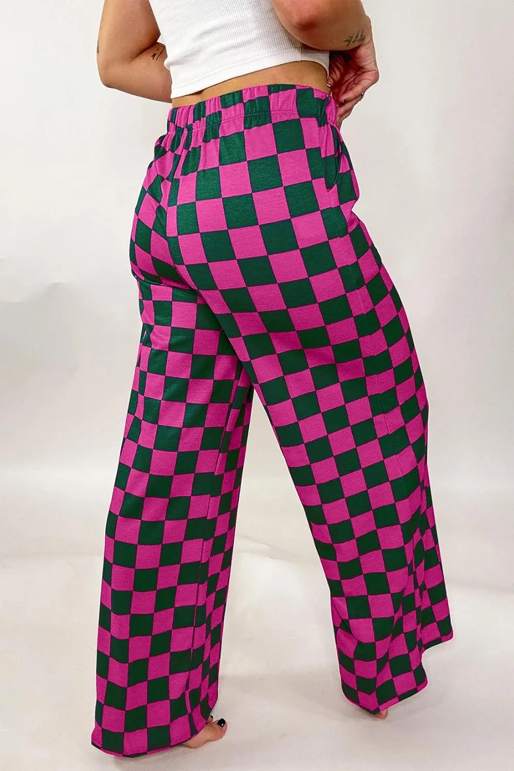 Lesore Womens Casual 2-Tone Checkered Print Pants Elastic High Waist Wide Leg Pants Lounge with Pockets