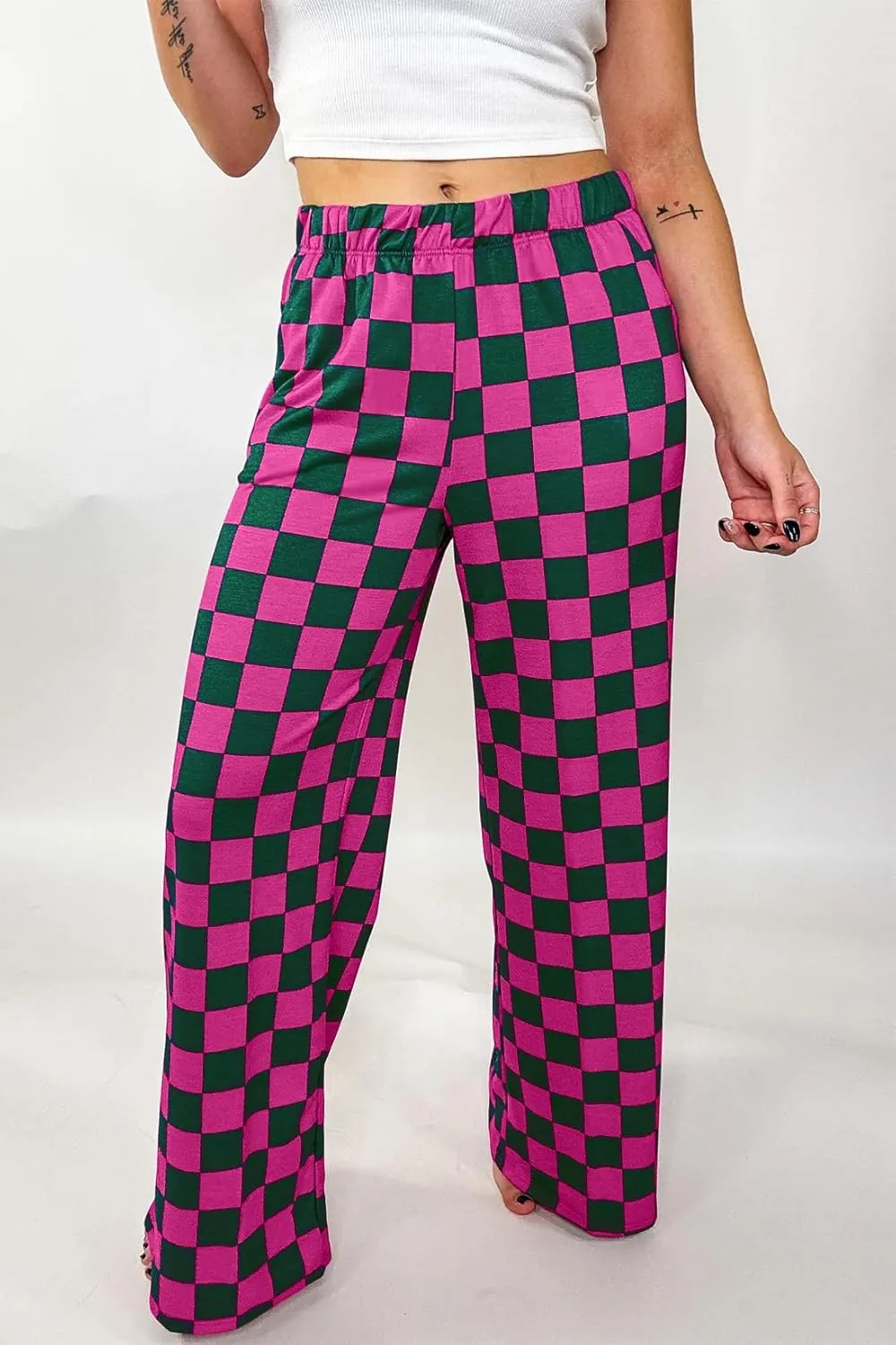 Lesore Womens Casual 2-Tone Checkered Print Pants Elastic High Waist Wide Leg Pants Lounge with Pockets