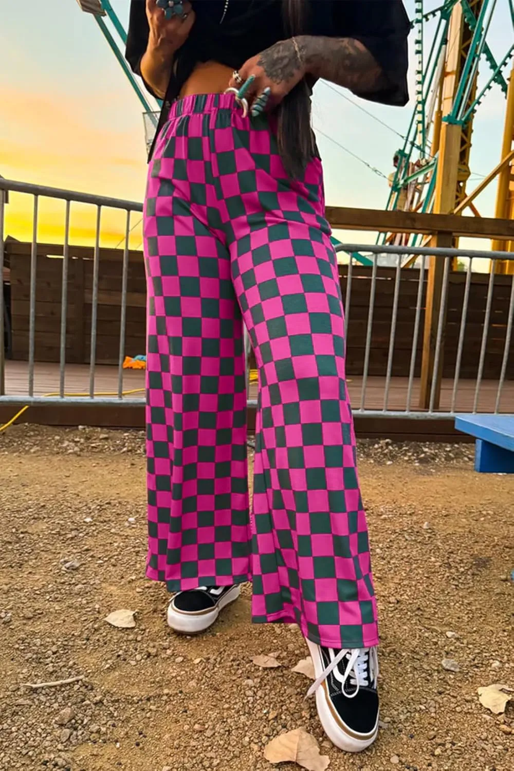 Lesore Womens Casual 2-Tone Checkered Print Pants Elastic High Waist Wide Leg Pants Lounge with Pockets