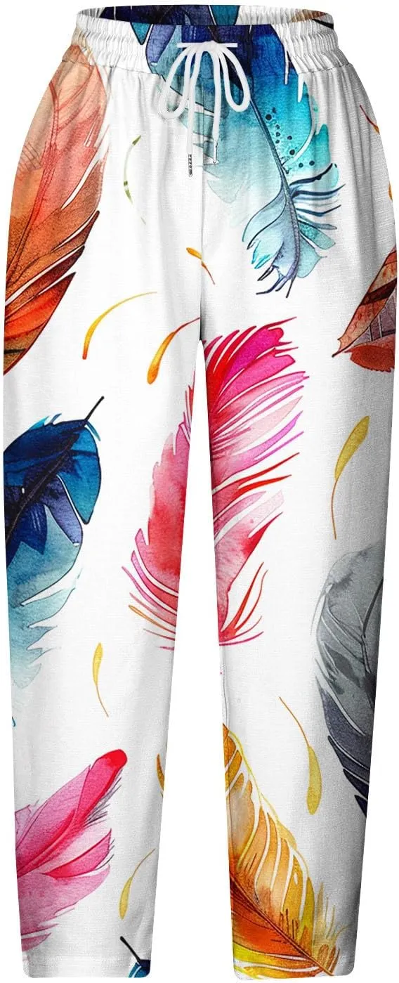 Liene Pants for Women,Womens Casual Summer 2025 Drawstring Elastic High Waist Printed Pant Comfy Woman Trousers