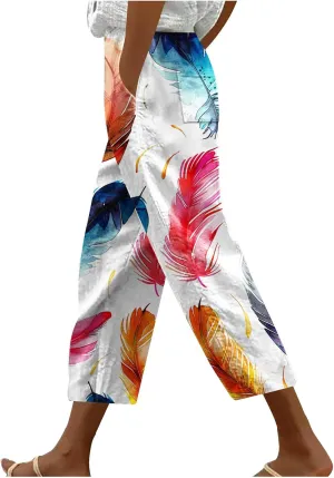 Liene Pants for Women,Womens Casual Summer 2025 Drawstring Elastic High Waist Printed Pant Comfy Woman Trousers
