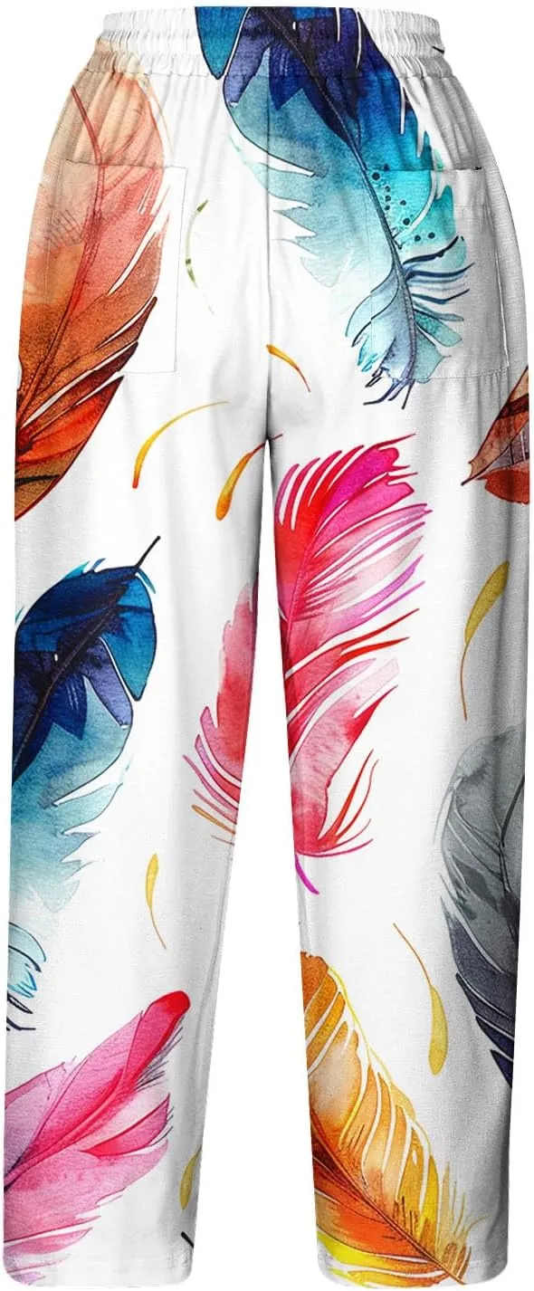 Liene Pants for Women,Womens Casual Summer 2025 Drawstring Elastic High Waist Printed Pant Comfy Woman Trousers