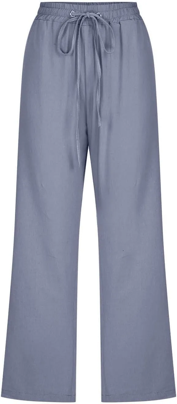Linen Capris Pants for Women Summer Casual Drawstring Loose Elastic High Waist Cropped Straight Trousers with Pockets