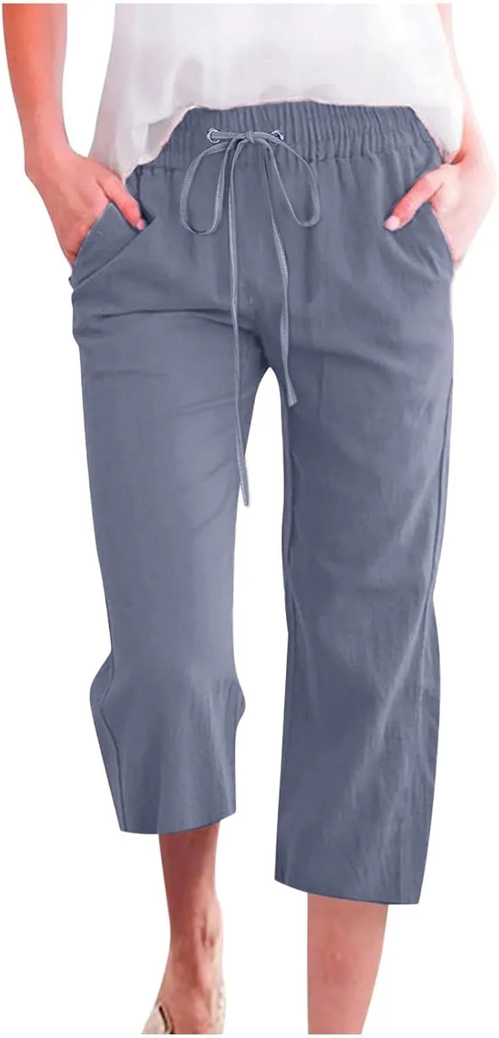Linen Capris Pants for Women Summer Casual Drawstring Loose Elastic High Waist Cropped Straight Trousers with Pockets