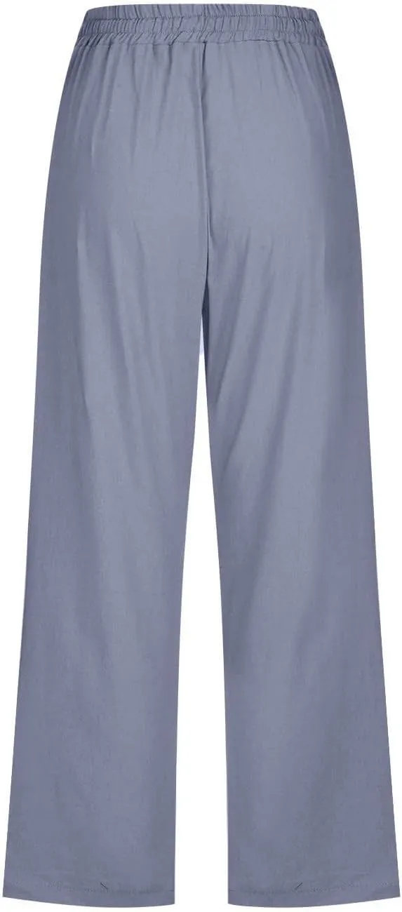Linen Capris Pants for Women Summer Casual Drawstring Loose Elastic High Waist Cropped Straight Trousers with Pockets