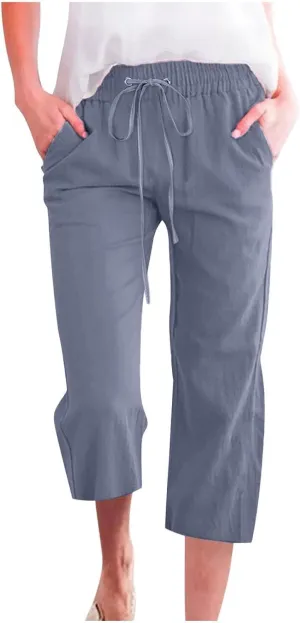 Linen Capris Pants for Women Summer Casual Drawstring Loose Elastic High Waist Cropped Straight Trousers with Pockets