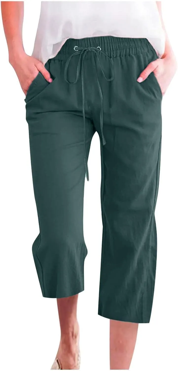 Linen Capris Pants for Women Summer Casual Drawstring Loose Elastic High Waist Cropped Straight Trousers with Pockets