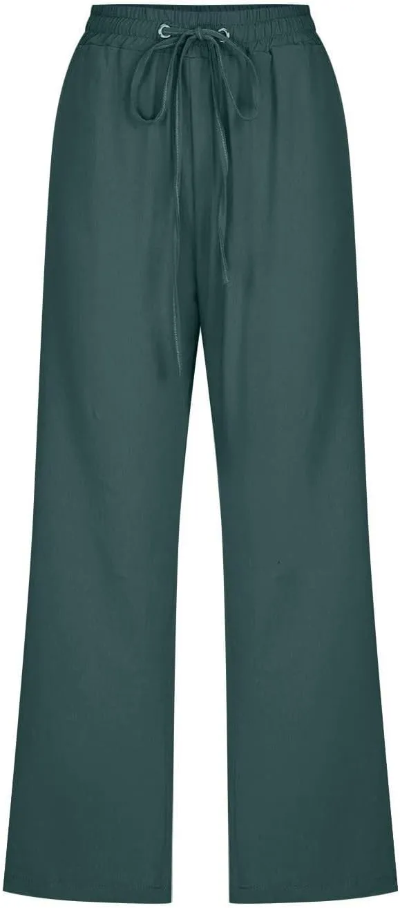 Linen Capris Pants for Women Summer Casual Drawstring Loose Elastic High Waist Cropped Straight Trousers with Pockets