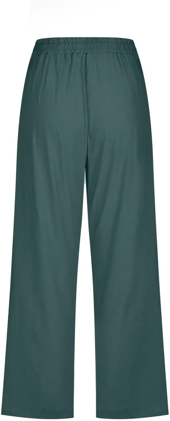Linen Capris Pants for Women Summer Casual Drawstring Loose Elastic High Waist Cropped Straight Trousers with Pockets