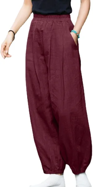 Linen Palazzo Pants for Women Boho Wide Leg Elastic High Waist Casual Lounge Pant Solid Cotton Trousers with Pocket