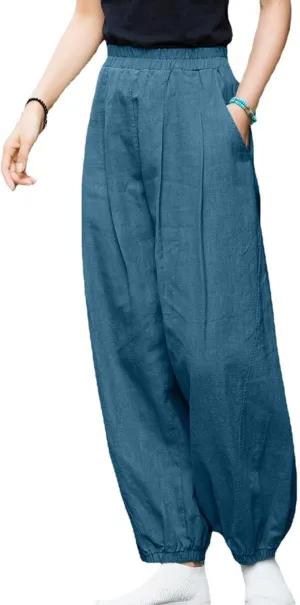 Linen Palazzo Pants for Women Boho Wide Leg Elastic High Waist Casual Lounge Pant Solid Cotton Trousers with Pocket