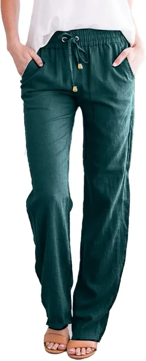 Linen Pants for Women Elastic Waist Straight Leg Pants Summer Casual Yoga Beach Pants 2025 Comfy Trousers with Pocket