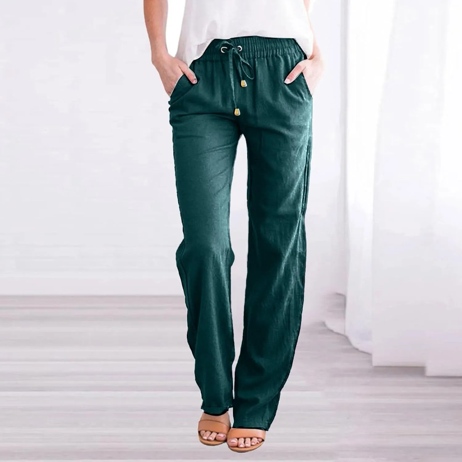 Linen Pants for Women Elastic Waist Straight Leg Pants Summer Casual Yoga Beach Pants 2025 Comfy Trousers with Pocket