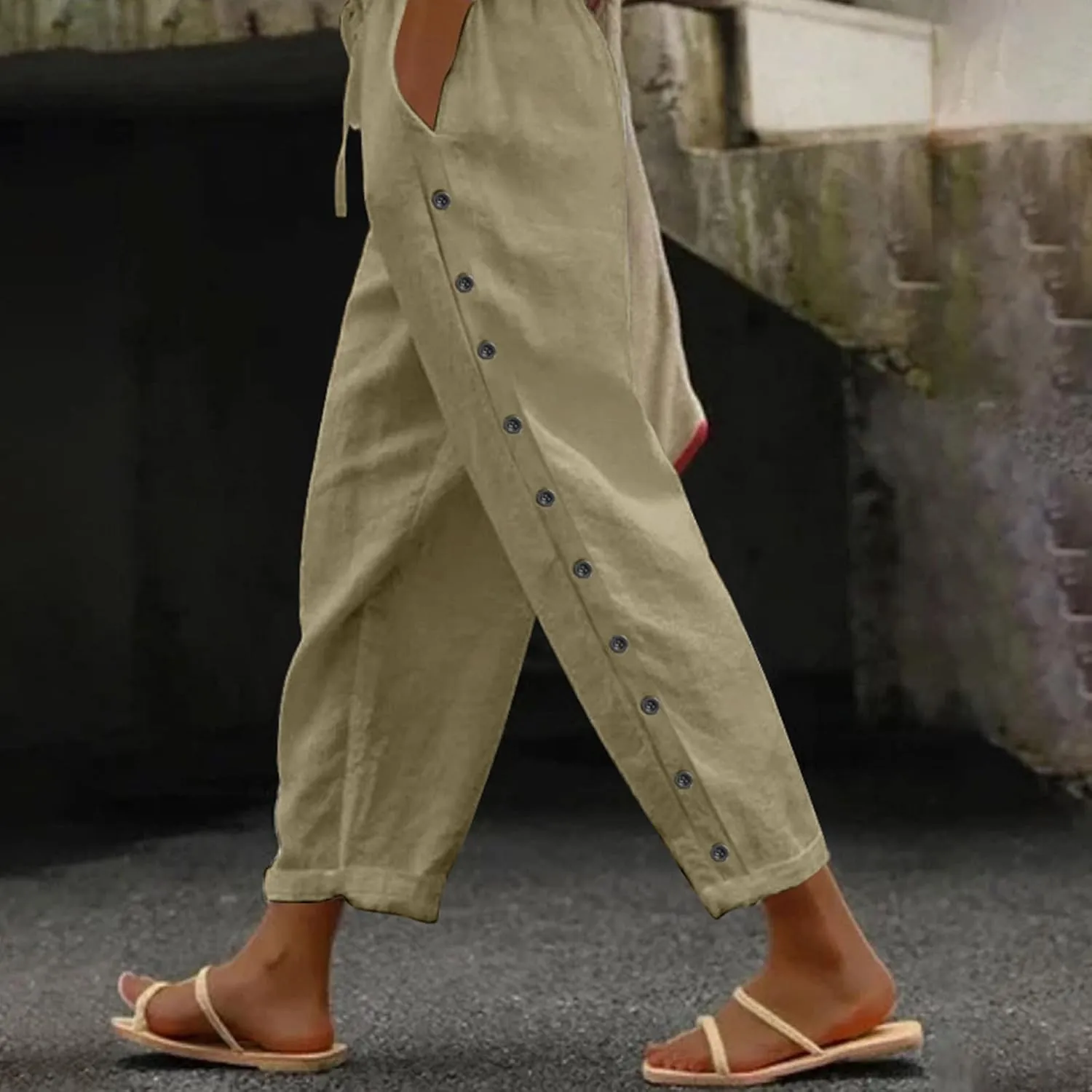 Linen Pants for Women Wide Straight Leg Side Button Pants 2025 Plus Size Baggy Elastic Waist Trousers with Pockets