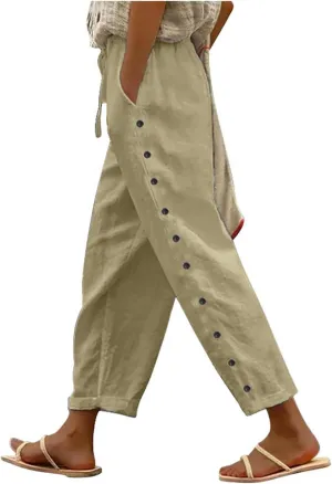 Linen Pants for Women Wide Straight Leg Side Button Pants 2025 Plus Size Baggy Elastic Waist Trousers with Pockets