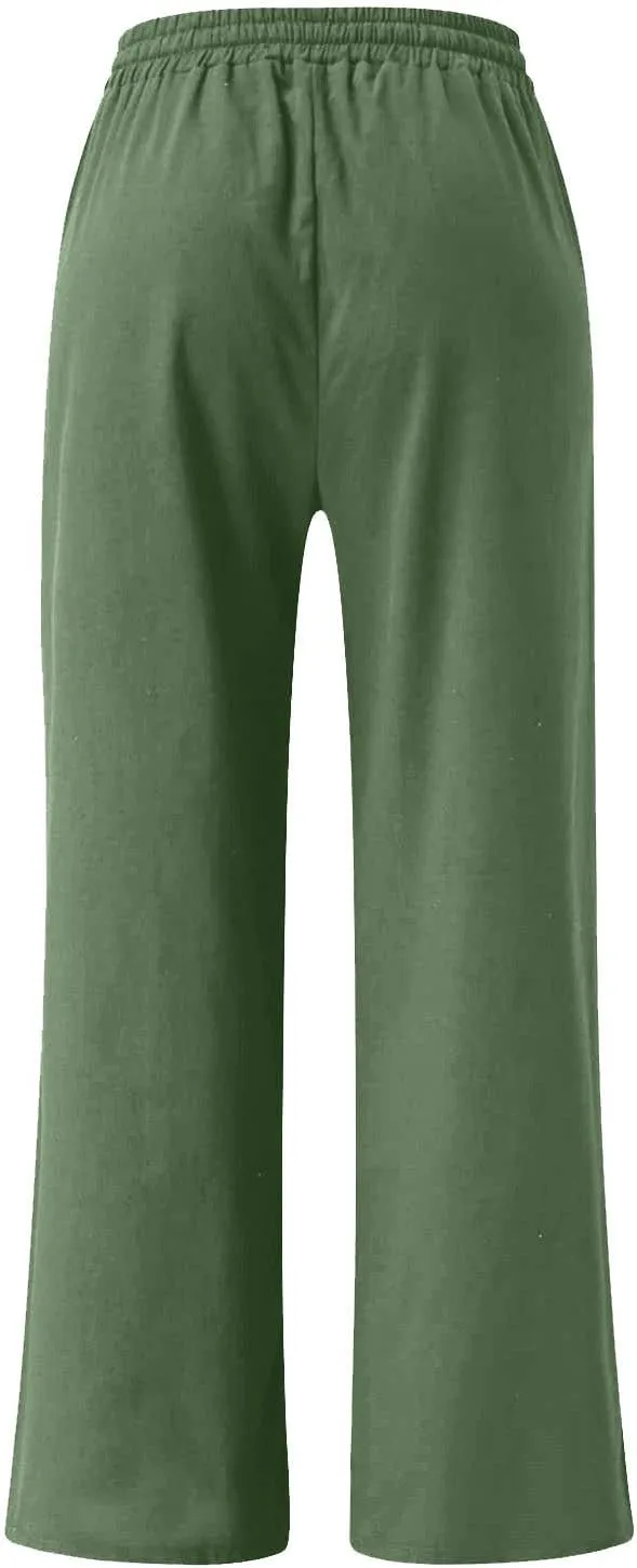 Linen Pants Women Casual Loose Fit Beach Wide Leg Trousers Summer Drawstring Flowy Lounge Palazzo with Pockets