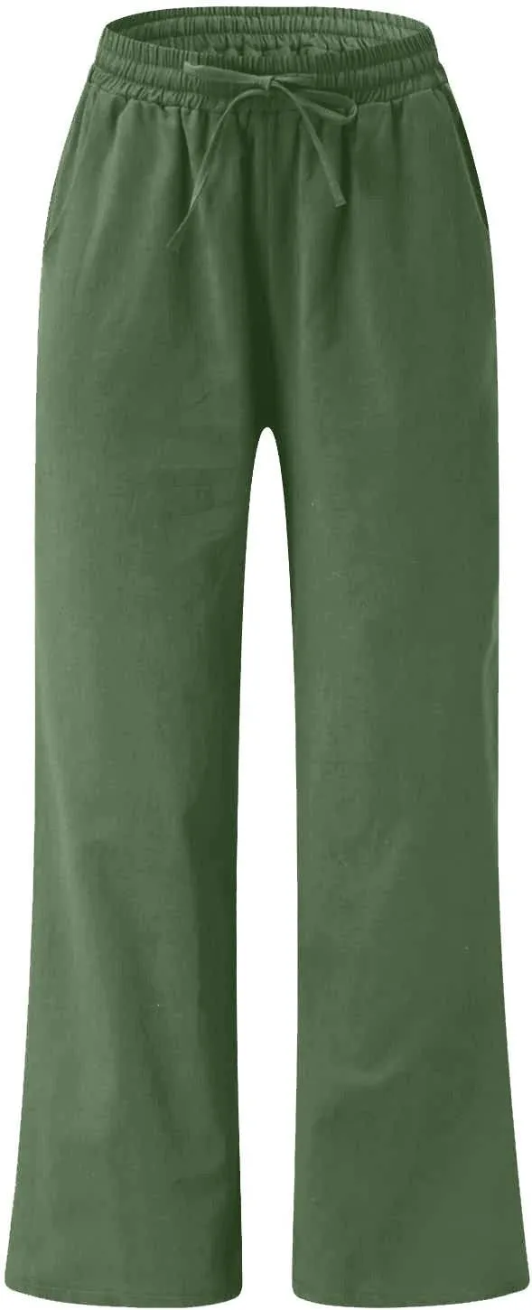 Linen Pants Women Casual Loose Fit Beach Wide Leg Trousers Summer Drawstring Flowy Lounge Palazzo with Pockets
