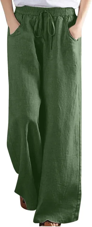 Linen Pants Women Casual Loose Fit Beach Wide Leg Trousers Summer Drawstring Flowy Lounge Palazzo with Pockets