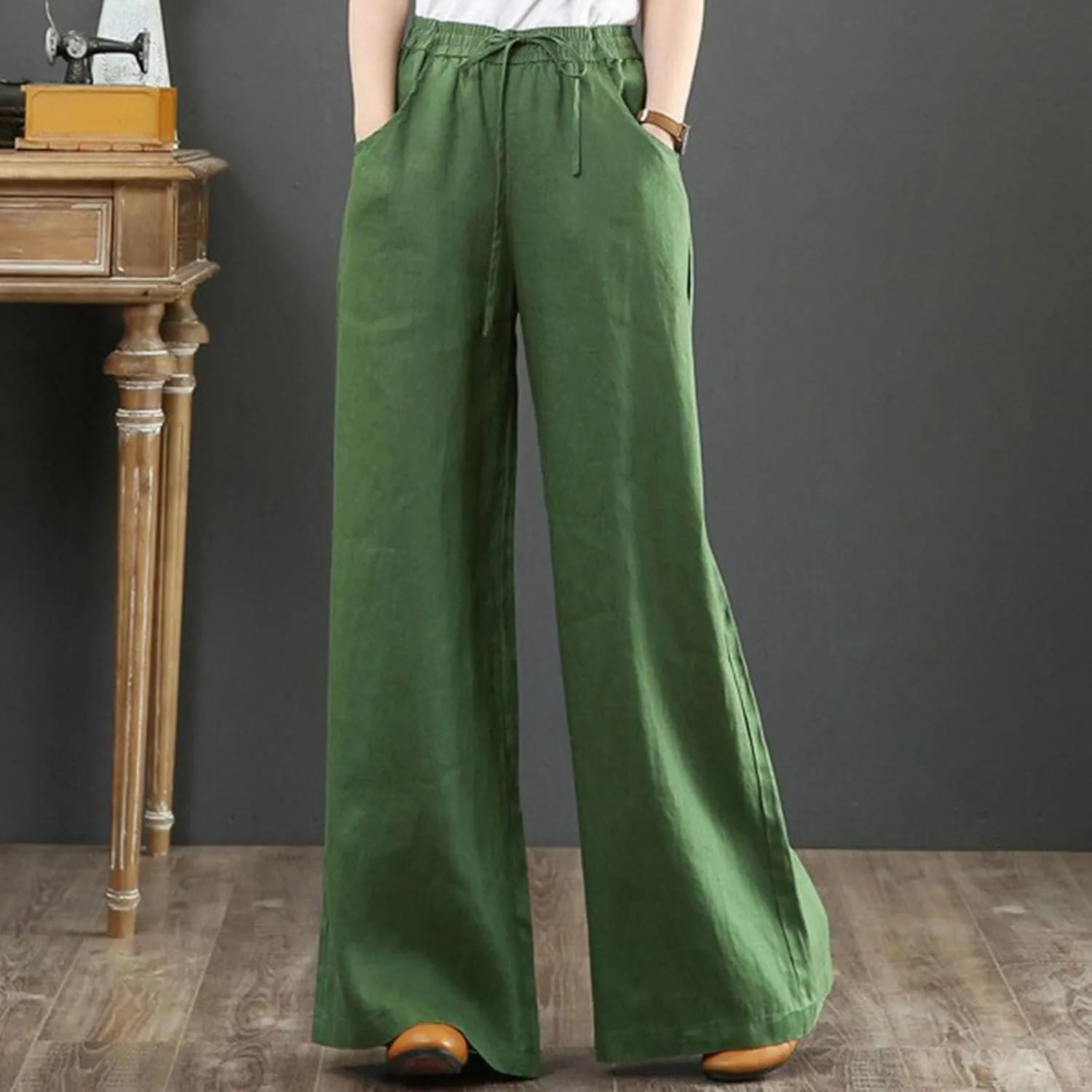 Linen Pants Women Casual Loose Fit Beach Wide Leg Trousers Summer Drawstring Flowy Lounge Palazzo with Pockets
