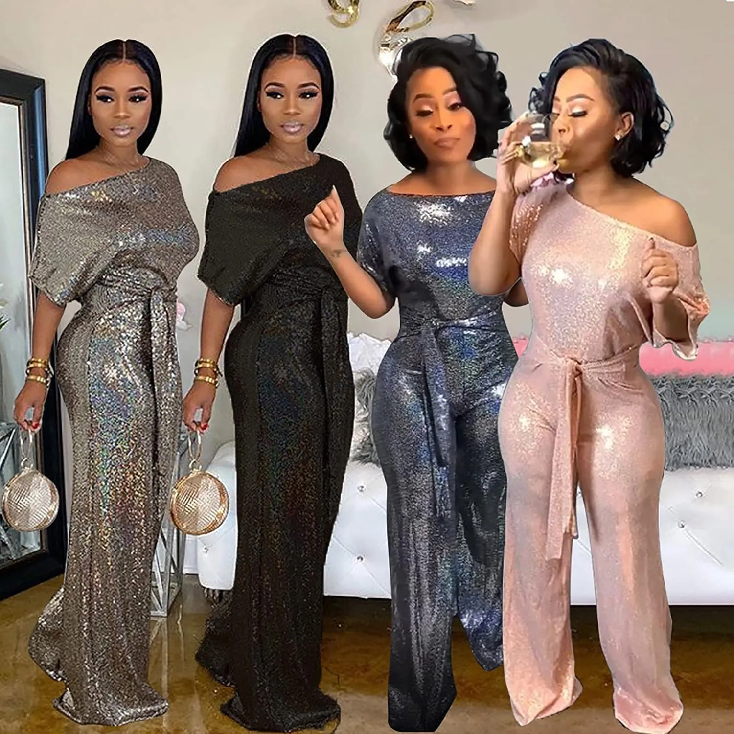 LKOUS Women's Evening Sparkly Jumpsuits Off Shoulder Short Sleeve Party Sequins Rompers High Waisted Wide Leg Pants Suit