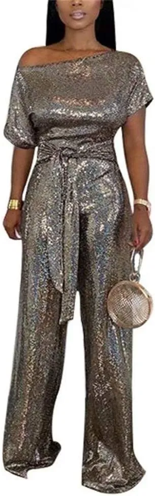 LKOUS Women's Evening Sparkly Jumpsuits Off Shoulder Short Sleeve Party Sequins Rompers High Waisted Wide Leg Pants Suit