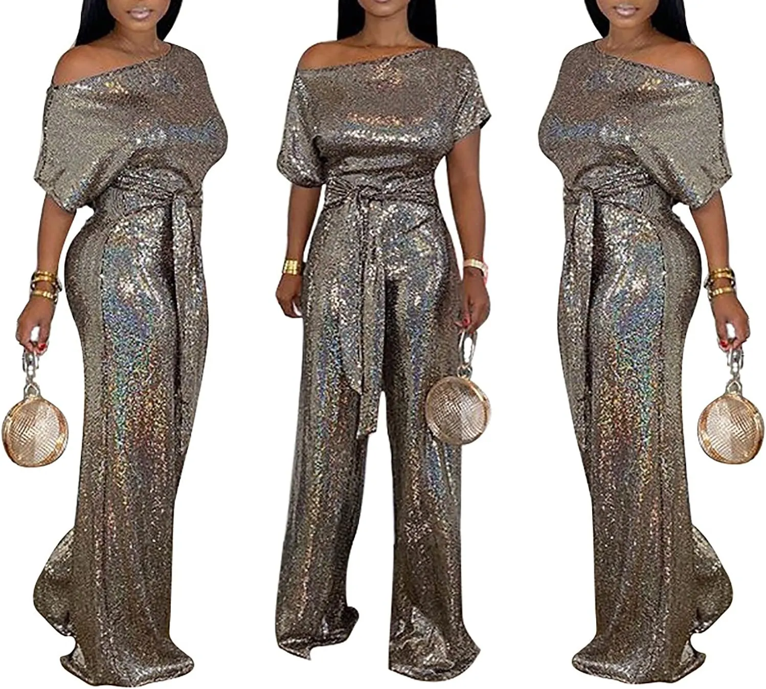 LKOUS Women's Evening Sparkly Jumpsuits Off Shoulder Short Sleeve Party Sequins Rompers High Waisted Wide Leg Pants Suit