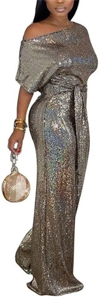 LKOUS Women's Evening Sparkly Jumpsuits Off Shoulder Short Sleeve Party Sequins Rompers High Waisted Wide Leg Pants Suit