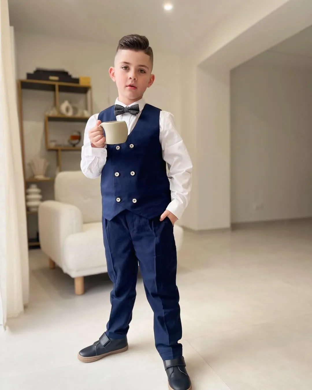 LOLANTA Boys' 4-Piece Formal Suit, Wedding Ring Bearer Outfit Vest Pants with Dress Shirt Bow Tie for Graduation 2-13 Years
