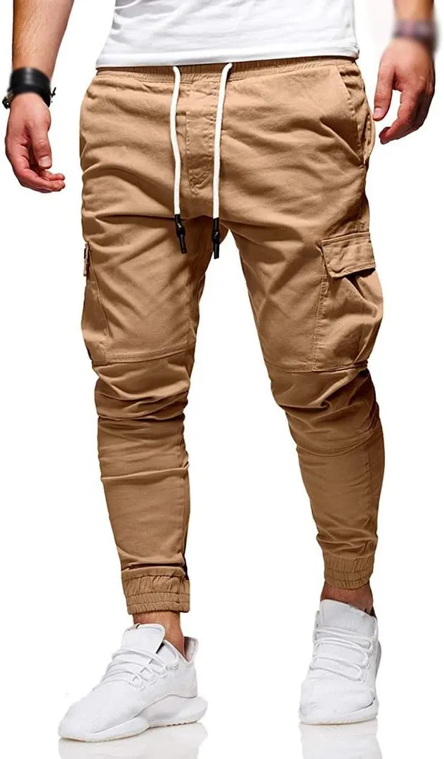 Men Joggers Chino Pants Drawstring Sports Athletic Workout Fitness Track Cargo Tapered Jogging Trousers