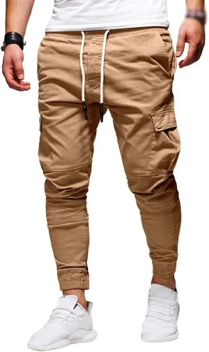 Men Joggers Chino Pants Drawstring Sports Athletic Workout Fitness Track Cargo Tapered Jogging Trousers