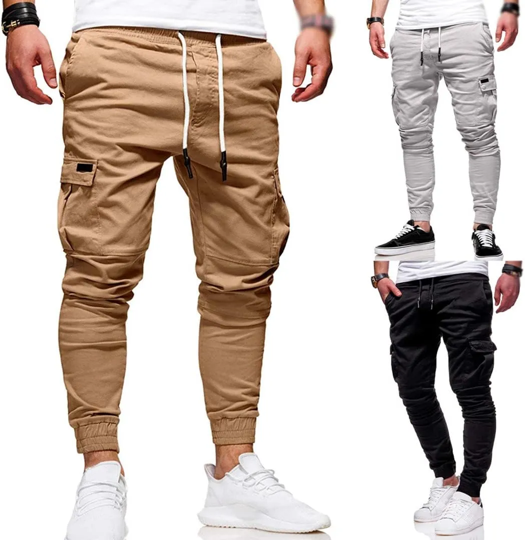 Men Joggers Chino Pants Drawstring Sports Athletic Workout Fitness Track Cargo Tapered Jogging Trousers