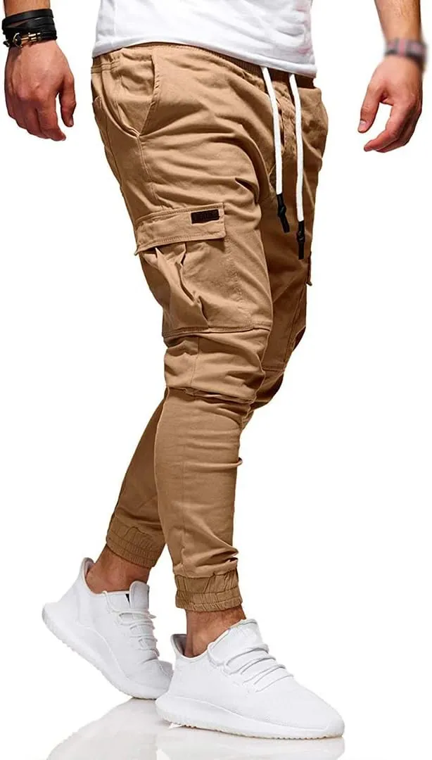Men Joggers Chino Pants Drawstring Sports Athletic Workout Fitness Track Cargo Tapered Jogging Trousers