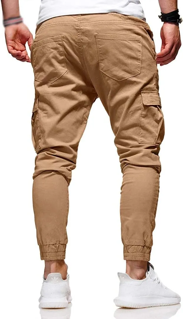 Men Joggers Chino Pants Drawstring Sports Athletic Workout Fitness Track Cargo Tapered Jogging Trousers