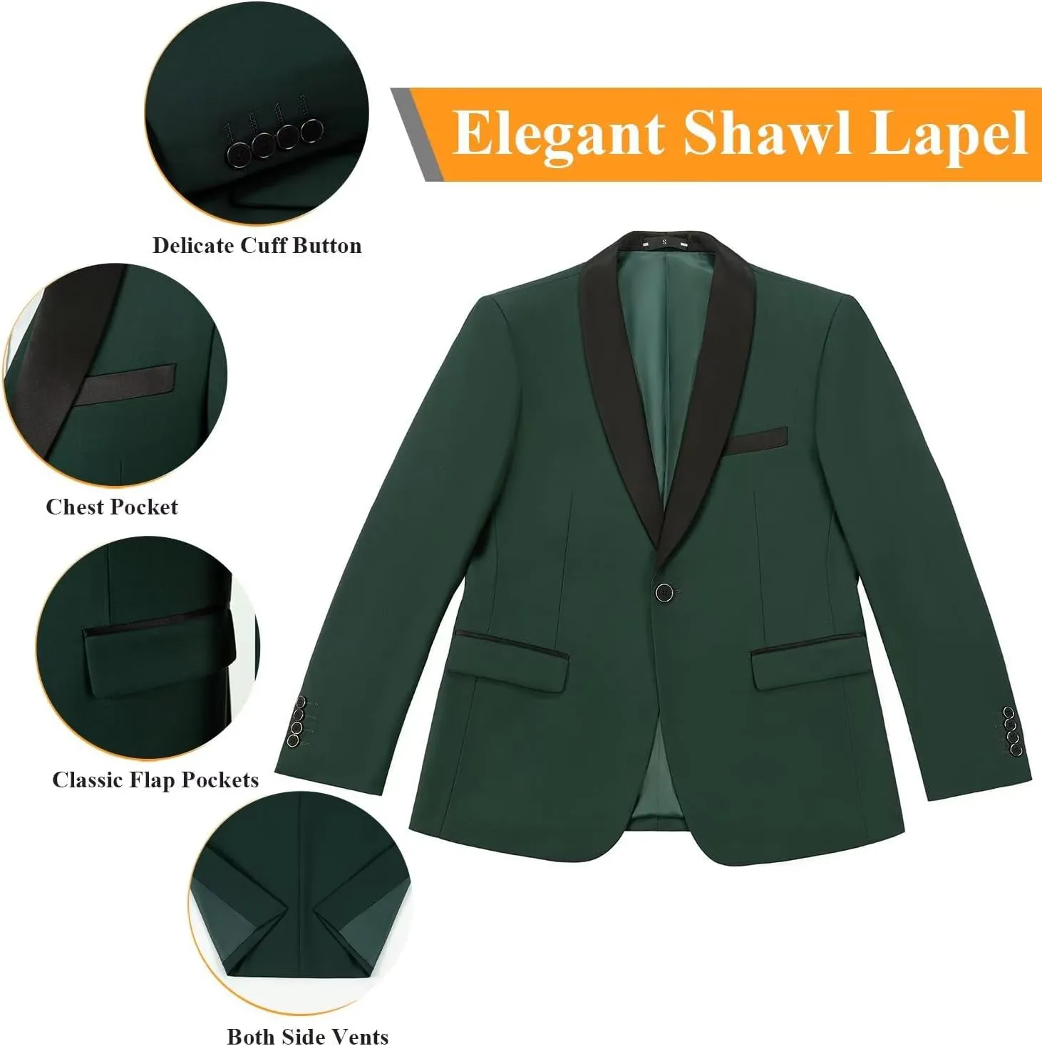 Men's 3 Piece Slim Fit Suit One Button Shawl Lapel Jacket Vest Pants Tuxedo Set with Bow Tie Pocket Square