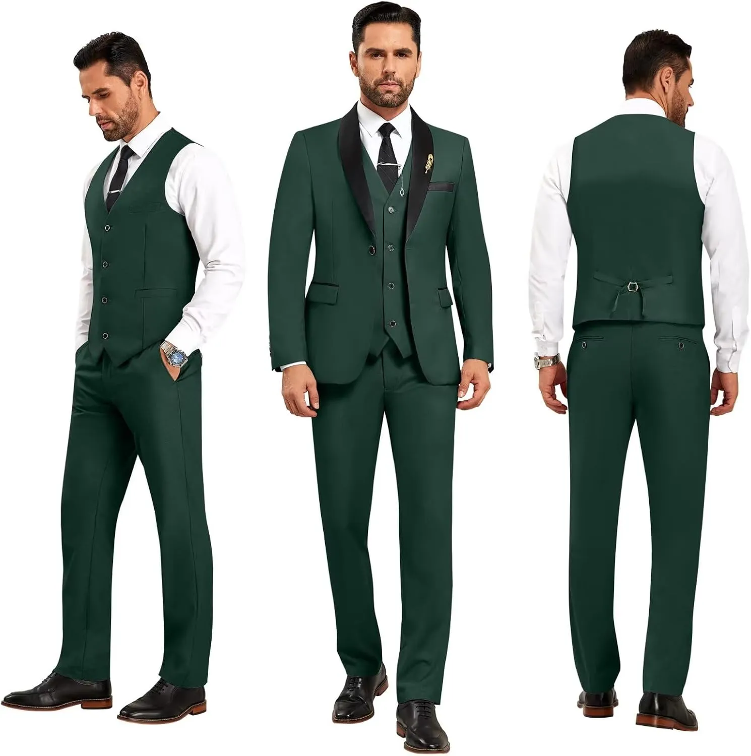 Men's 3 Piece Slim Fit Suit One Button Shawl Lapel Jacket Vest Pants Tuxedo Set with Bow Tie Pocket Square
