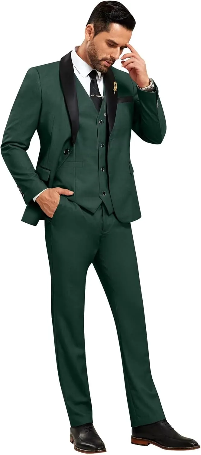 Men's 3 Piece Slim Fit Suit One Button Shawl Lapel Jacket Vest Pants Tuxedo Set with Bow Tie Pocket Square
