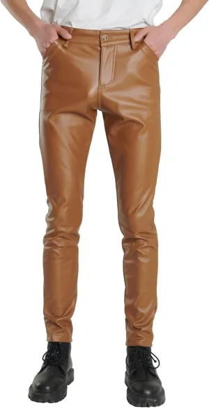 Men`s Business Slim Fit Five Pockets Faux Leather Pants Jeans