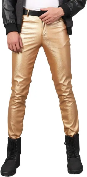 Men`s Business Slim Fit Five Pockets Faux Leather Pants Jeans