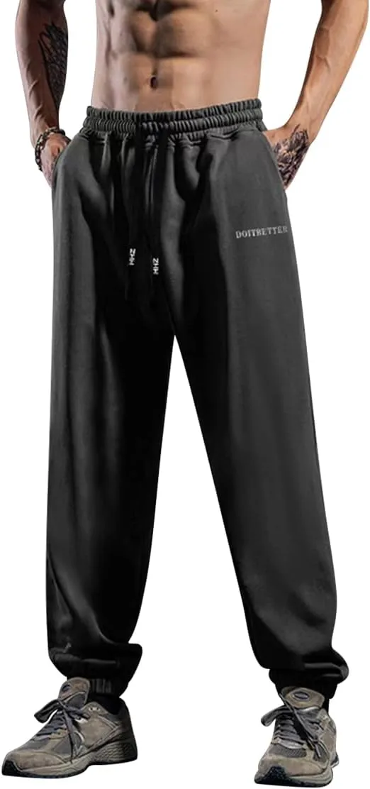 Men's Cotton Sweatpants Loose Fit Baggy Straight Leg Sweat Pants for Men Open Bottom Lounge Yoga Pants with Pockets