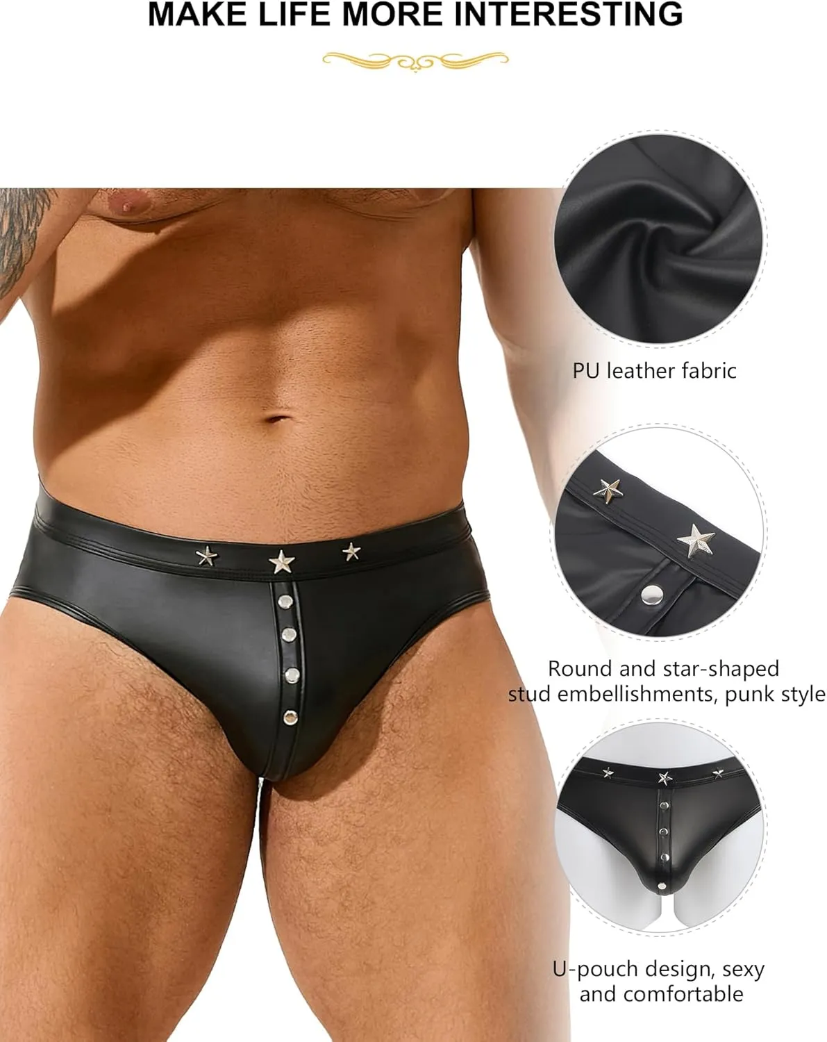 Men's Faux Leather Underwear Low Rise Brief Sexy Gay Lingerie for Men Plus Size Black S-2XL