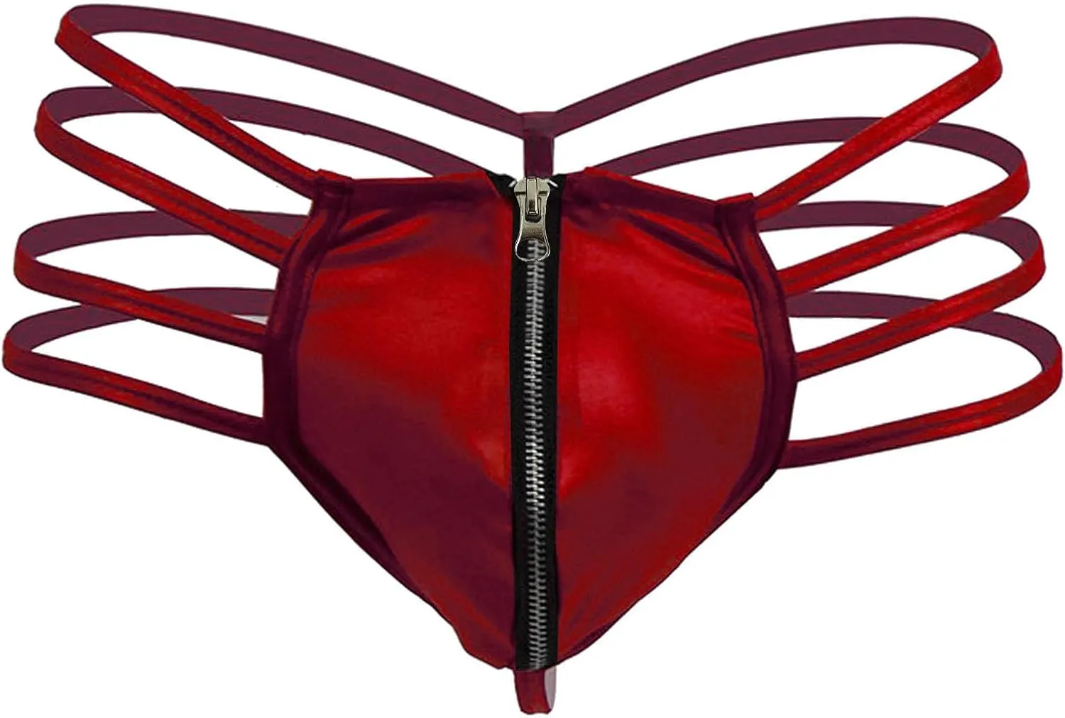 Men's Jockstrap Underwear Faux Leather Zipper Thong Underwear G-String with Pouch Butt-Flaunting Gym Low Rise Brief Red