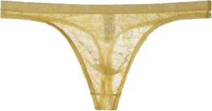 Men's Lace Frilly Thong Panties Sheer Mesh Boxer Briefs Semi Sheer T-back G-string Underwear Lingerie for Men Beige