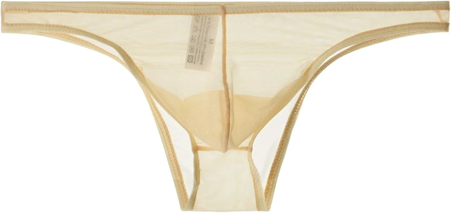 Men's Lace Frilly Thong Panties Sheer Mesh Boxer Briefs Semi Sheer T-back G-string Underwear Lingerie for Men Beige