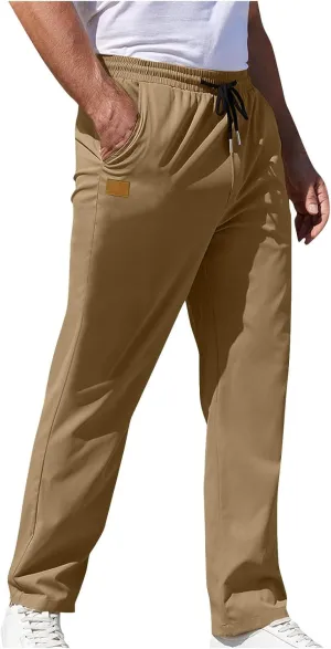 Mens Pants Cargo Elastic Waist Drawstring Straight Pants with Pocket Casual Outdoor Jogger Running Sport Trousers