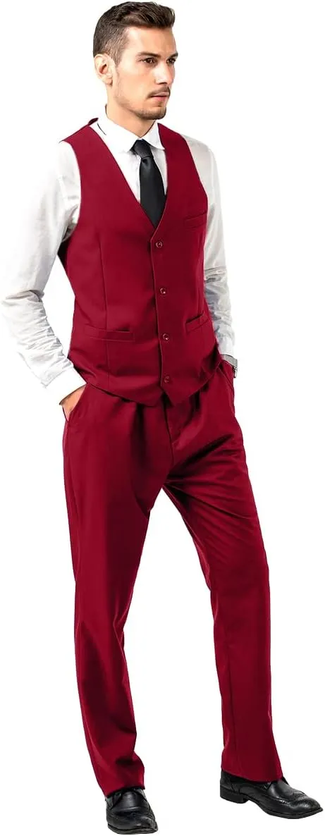Mens Slim Fit 2 Piece Suit Set V-Neck Solid Dress Suit Vest Pants Wedding Prom Tuxedo for Men