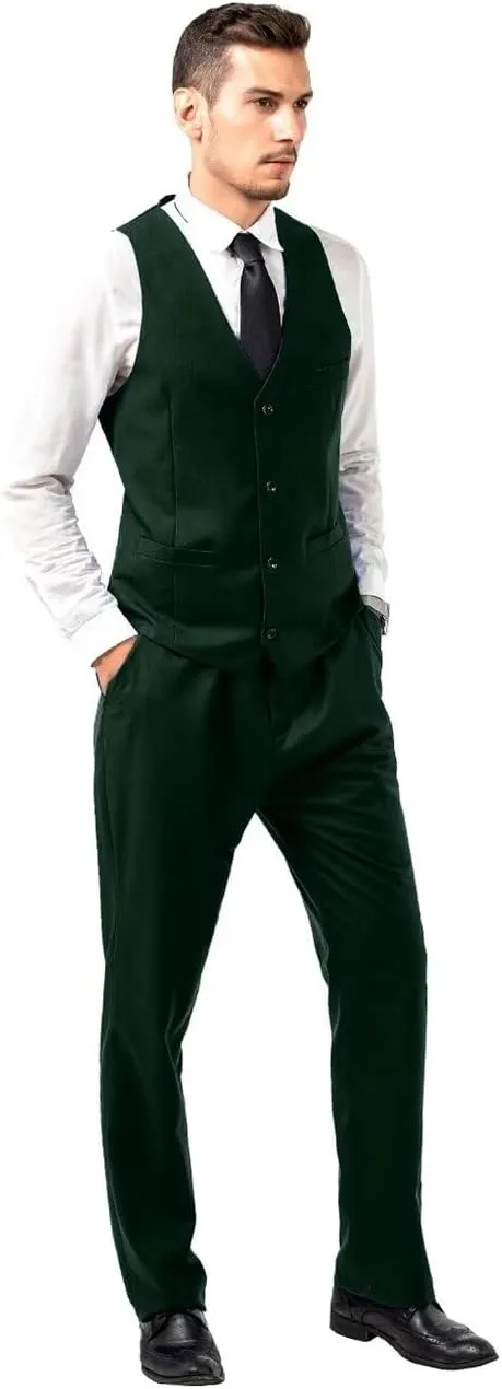 Mens Slim Fit 2 Piece Suit Set V-Neck Solid Dress Suit Vest Pants Wedding Prom Tuxedo for Men